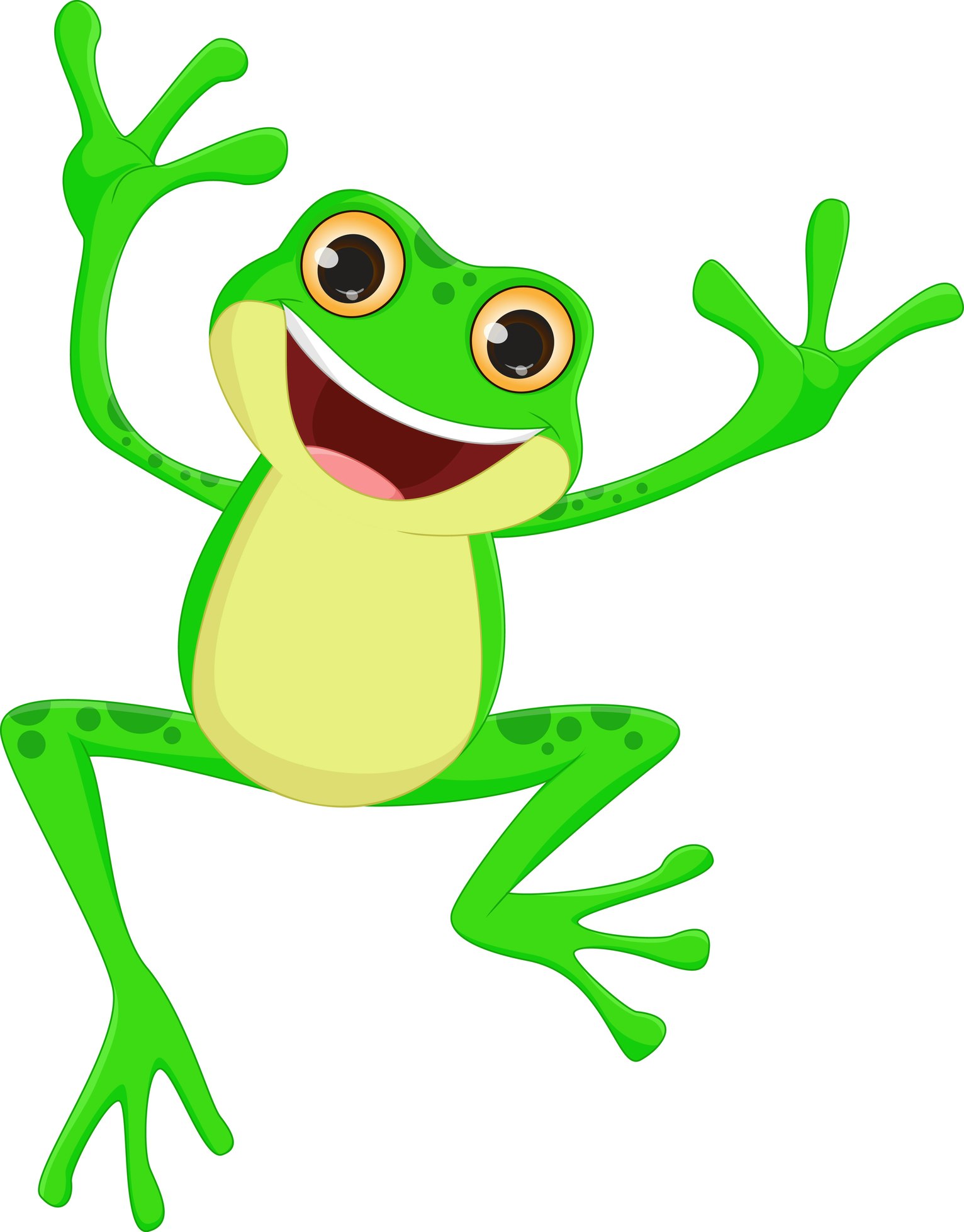 A cheerful, cartoonish green frog with big eyes, smiling and waving enthusiastically.