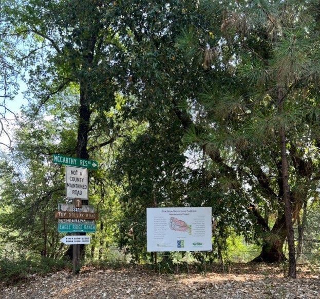 A wooded area with multiple signs, including a notice that it is not a county-maintained road.