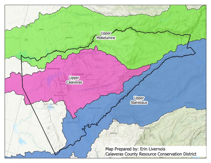 The image is a map showing regions in Calaveras County, including Upper Mokelumne, Upper Calaveras, and Upper Stanislaus, marked in different colors.