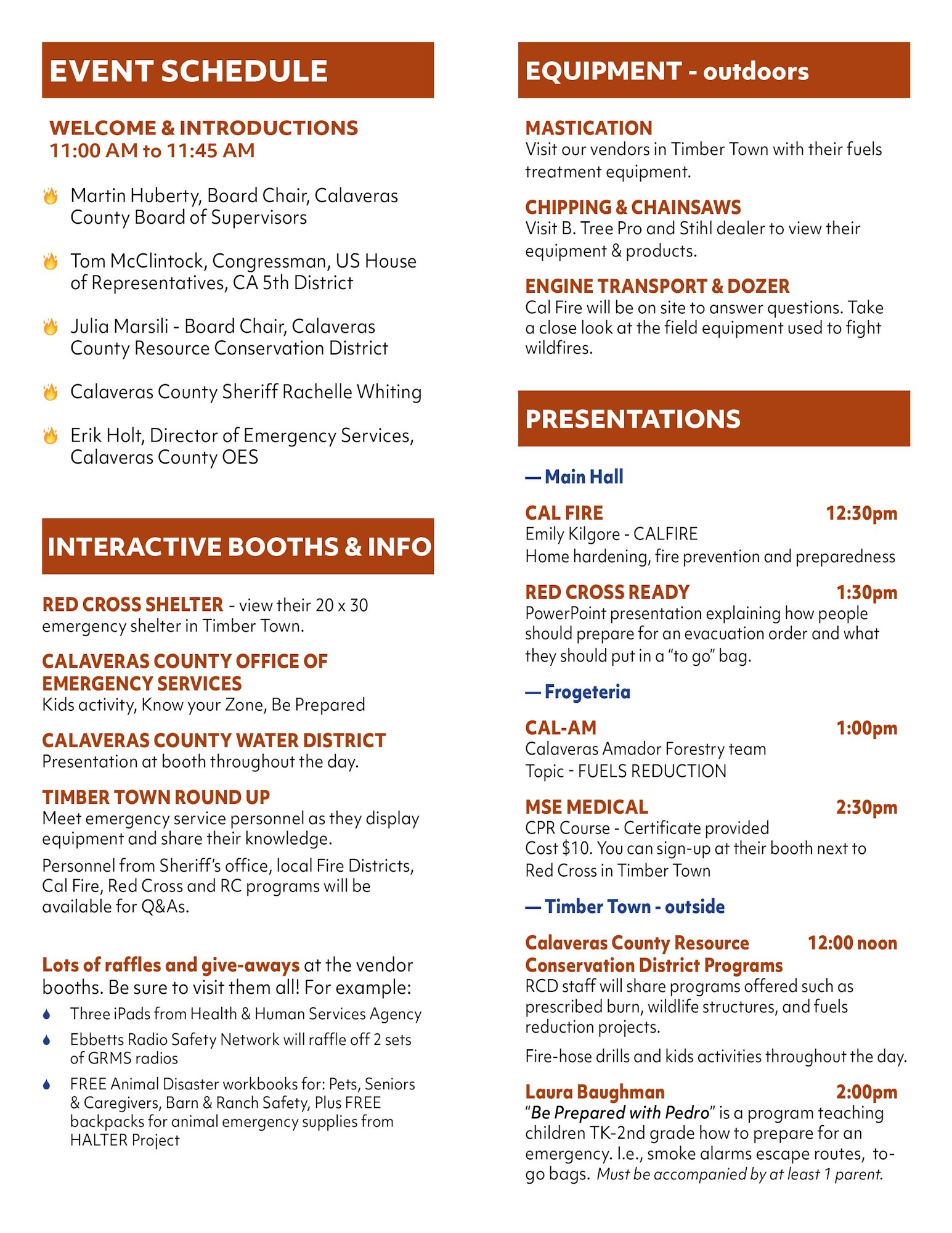 Event schedule with welcome, introductions, booths, equipment displays, presentations on fire safety, CPR course, and more.