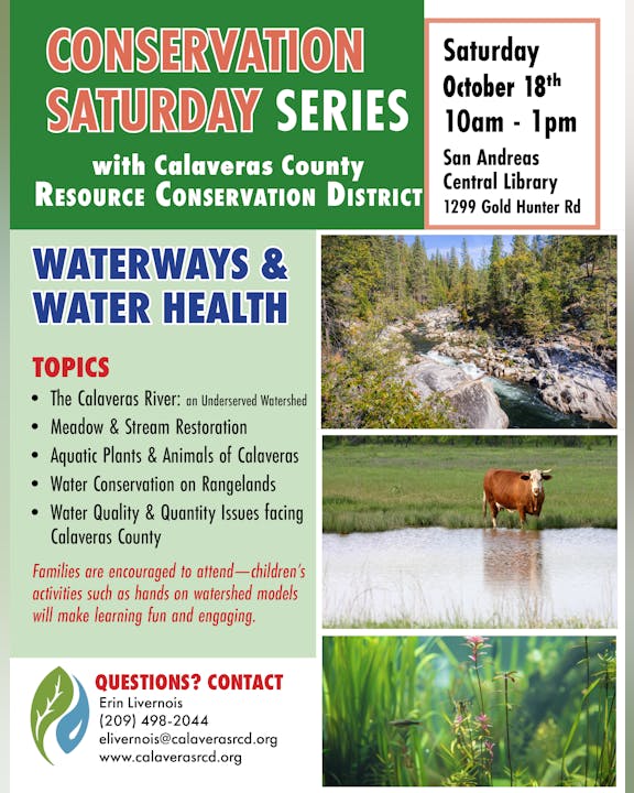 Conservation event on October 18th, 10am-1pm, at San Andreas Library. Topics: water health, conservation. Family-friendly activities included.