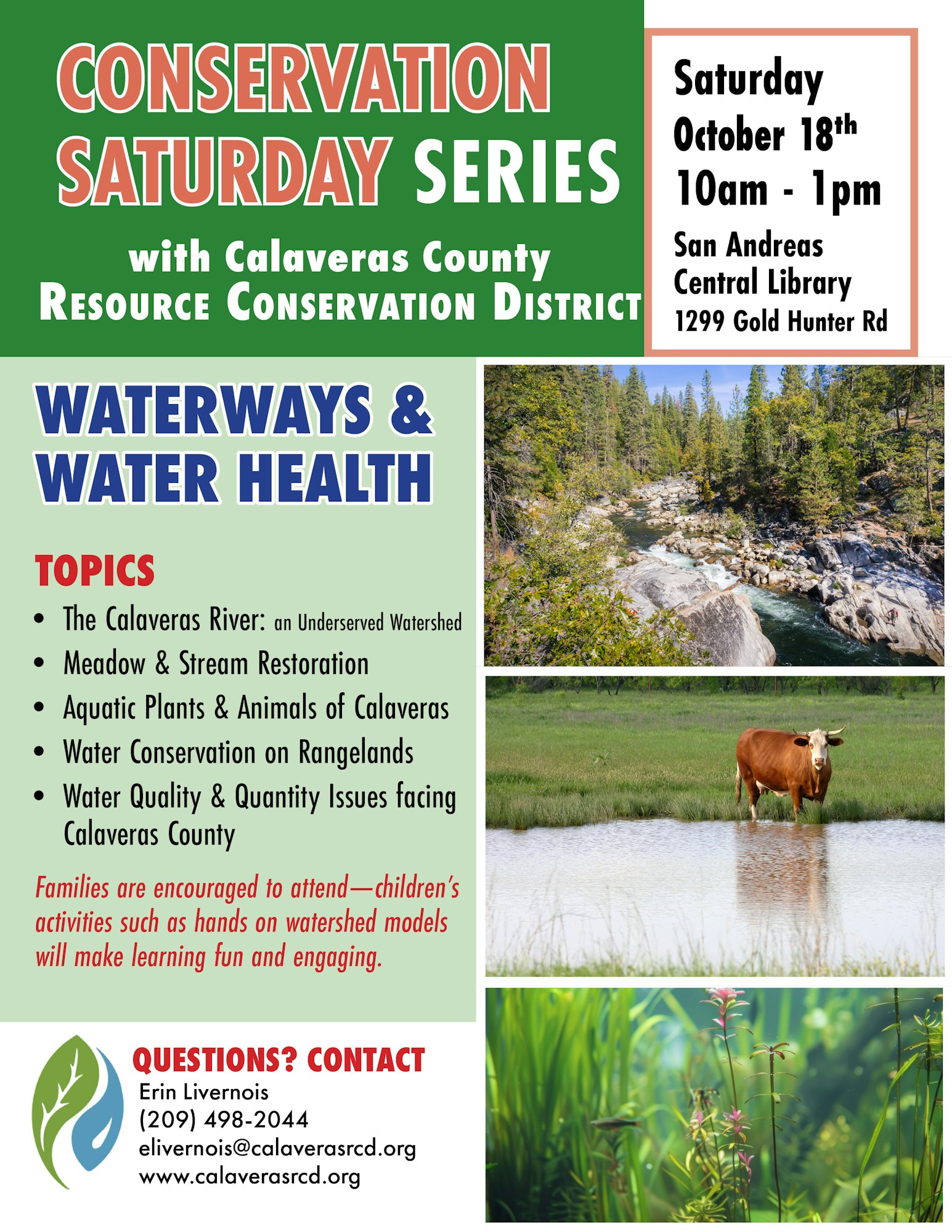 Conservation event on October 18th, 10am-1pm, at San Andreas Library. Topics: water health, conservation. Family-friendly activities included.