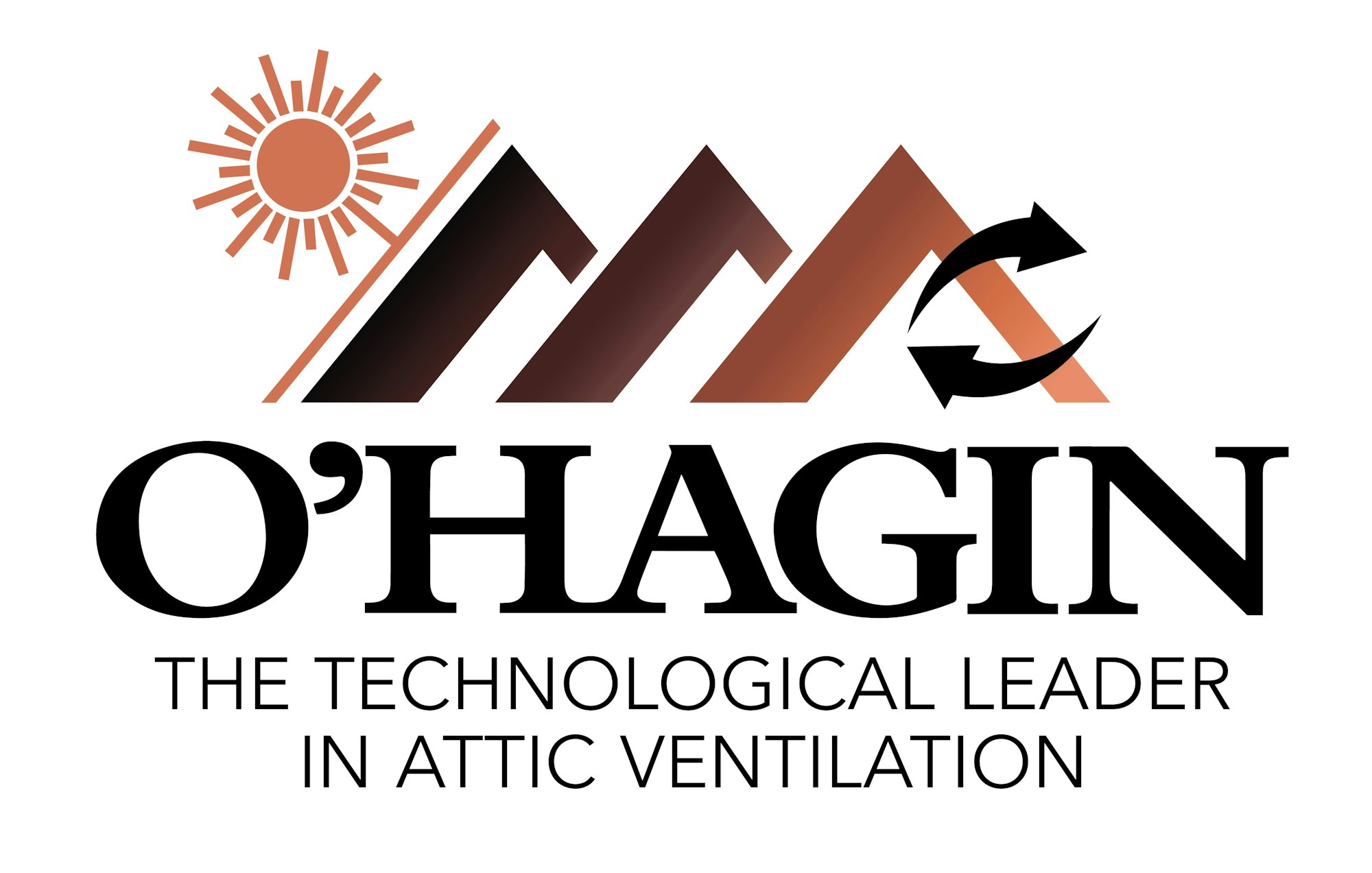 Logo with a sun, roof, arrows, and text: "O'Hagin, The Technological Leader in Attic Ventilation."