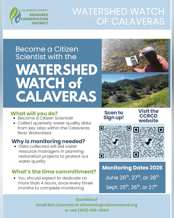Join the Calaveras Watershed Watch as a Citizen Scientist! Collect water quality data quarterly. Info on monitoring dates included.