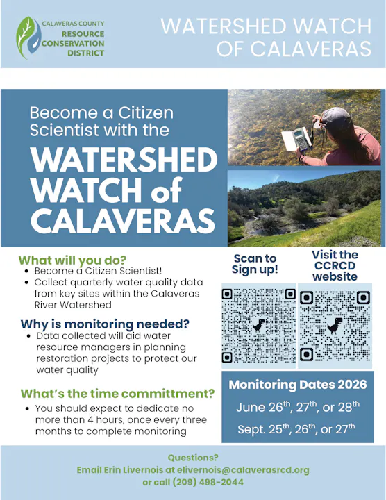 Join the Calaveras Watershed Watch as a Citizen Scientist! Collect water quality data quarterly. Info on monitoring dates included.