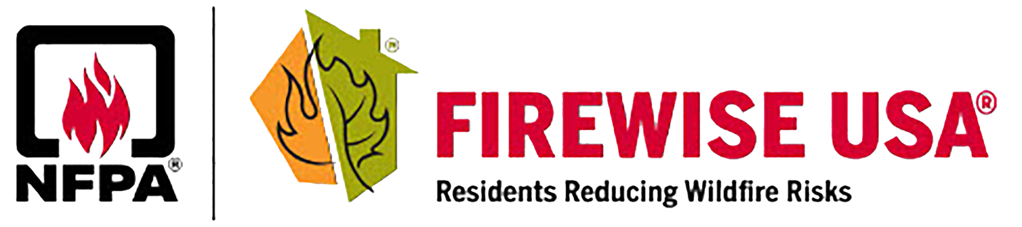 Logos for NFPA and Firewise USA, promoting wildfire risk reduction for residents.