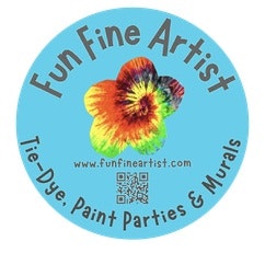 The image features a colorful logo for "Fun Fine Artist," promoting tie-dye, paint parties, and murals, with a website link.
