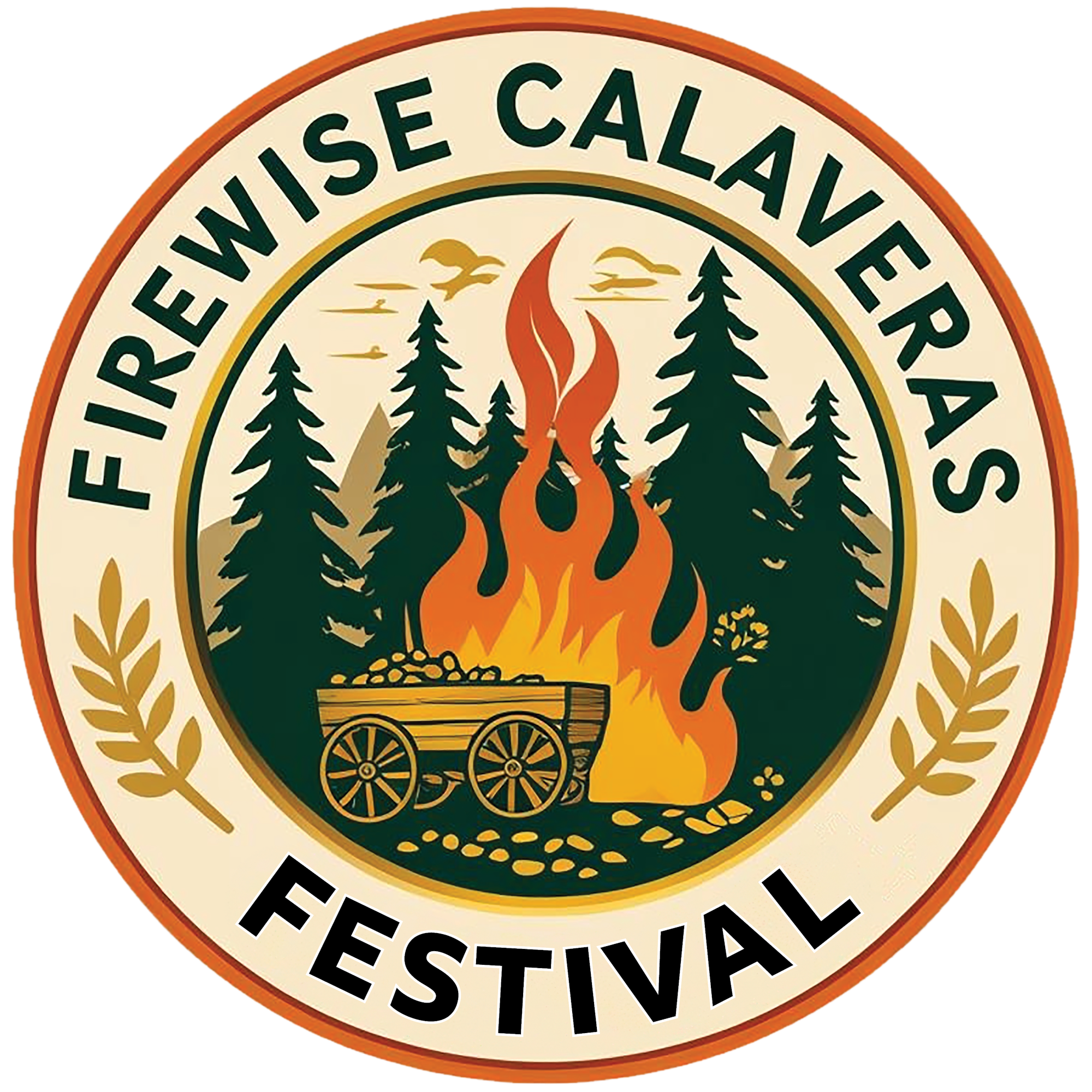The image features a circular logo for the "Firewise Calaveras Festival," with flames, trees, and a wagon.