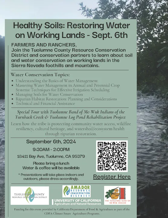 A flyer for a "Healthy Soils" water restoration event on Sept. 6th, with conservation topics, a special tour, time, location, and a QR code to register.