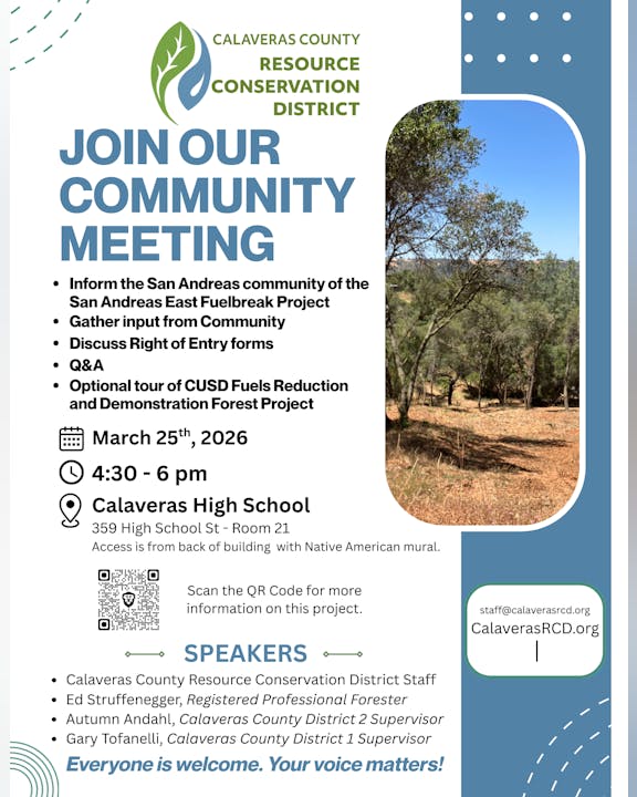 Community meeting on March 25, 2026, at Calaveras High School to discuss the San Andreas East Fuelbreak Project.