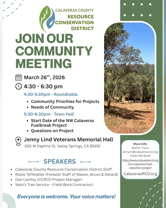Join the Calaveras County Resource Conservation District Community Meeting on March 26, 2026, at Jenny Lind Veterans Hall.