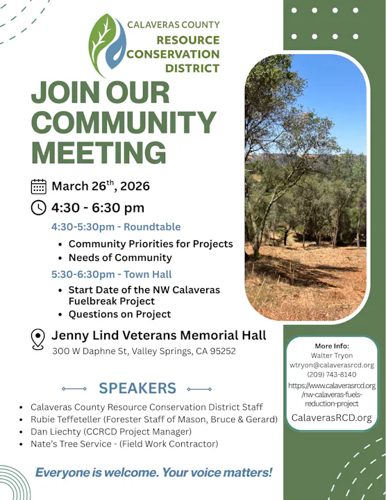 Join the Calaveras County Resource Conservation District Community Meeting on March 26, 2026, at Jenny Lind Veterans Hall.