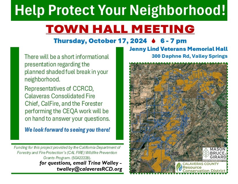 Flyer for a Town Hall Meeting on October 17, 2024, about shaded fuel break planning in a neighborhood, with FAQ session.