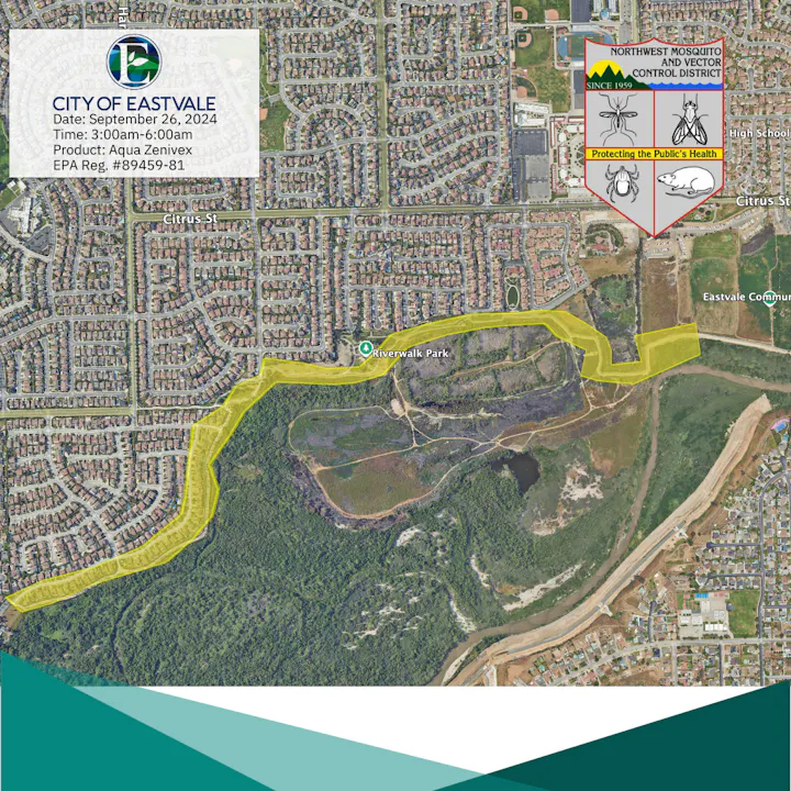 An aerial map showing a planned area for mosquito control treatment in Eastvale with date and product details.