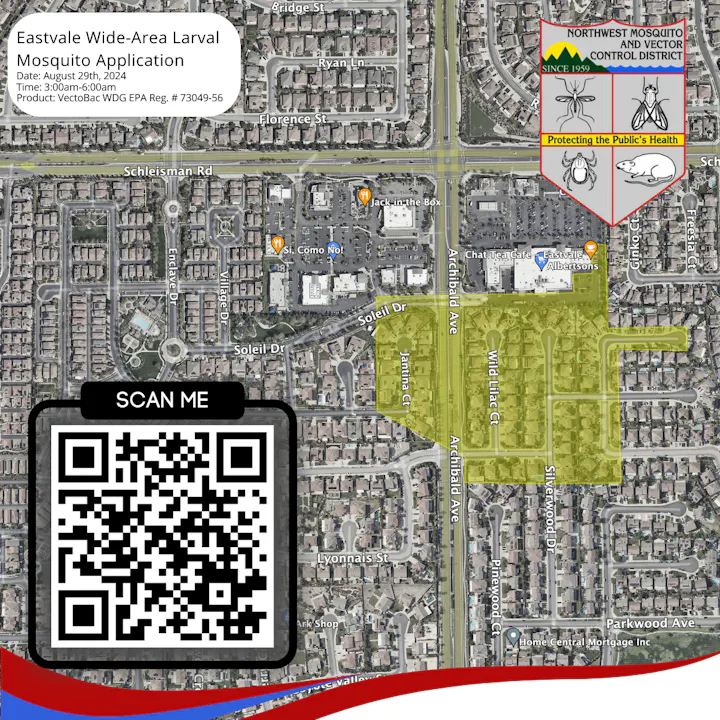Map showing mosquito application area with QR code and date info::_('Eastvale Wide-Area Larval Mosquito Application').