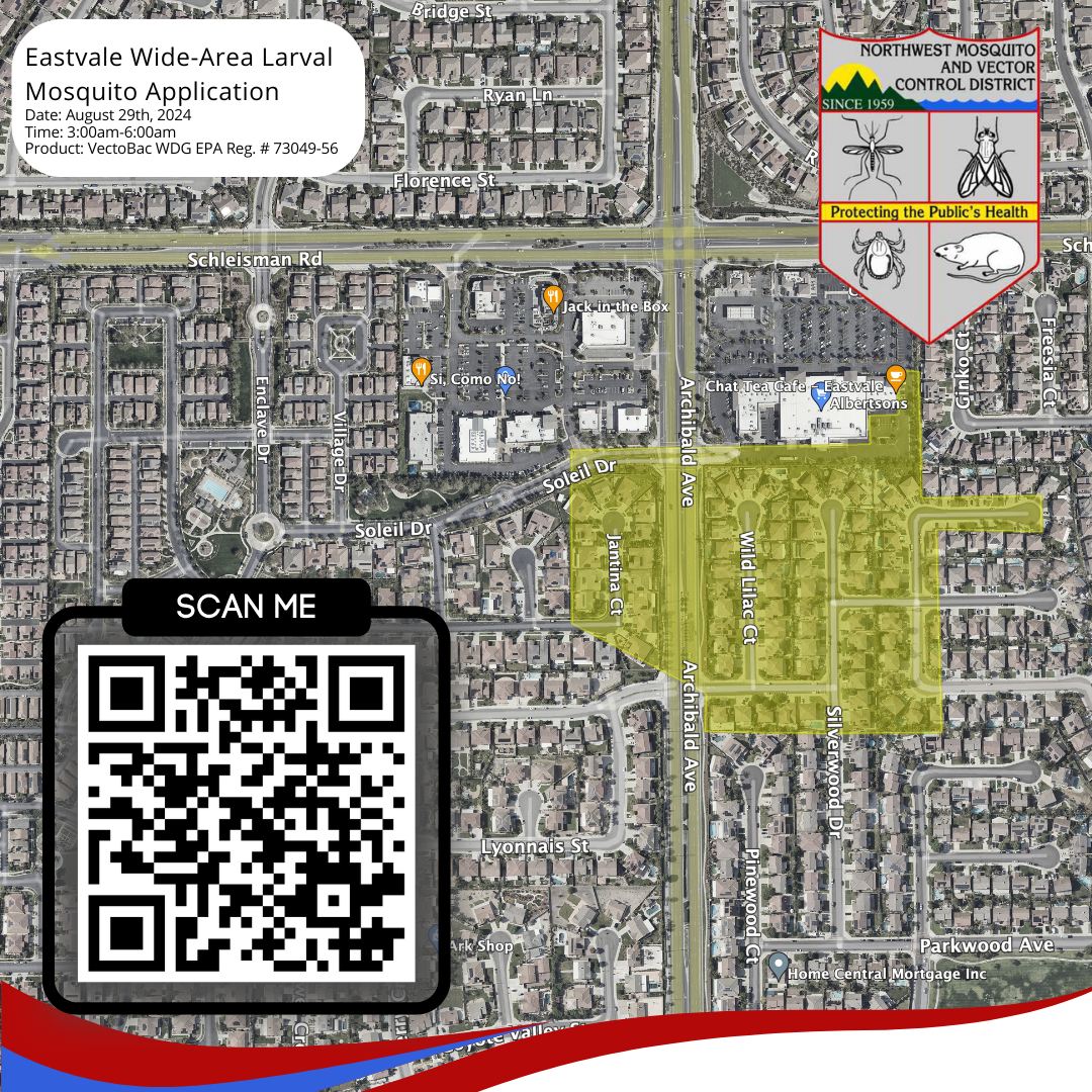 Map showing mosquito application area with QR code and date info::_('Eastvale Wide-Area Larval Mosquito Application').
