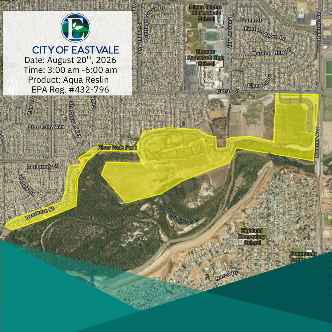 Map of Eastvale, CA, showing areas for Aqua Reslin application on Aug 20, 2026, from 3:00 am to 6:00 am. EPA Reg. #432-796.