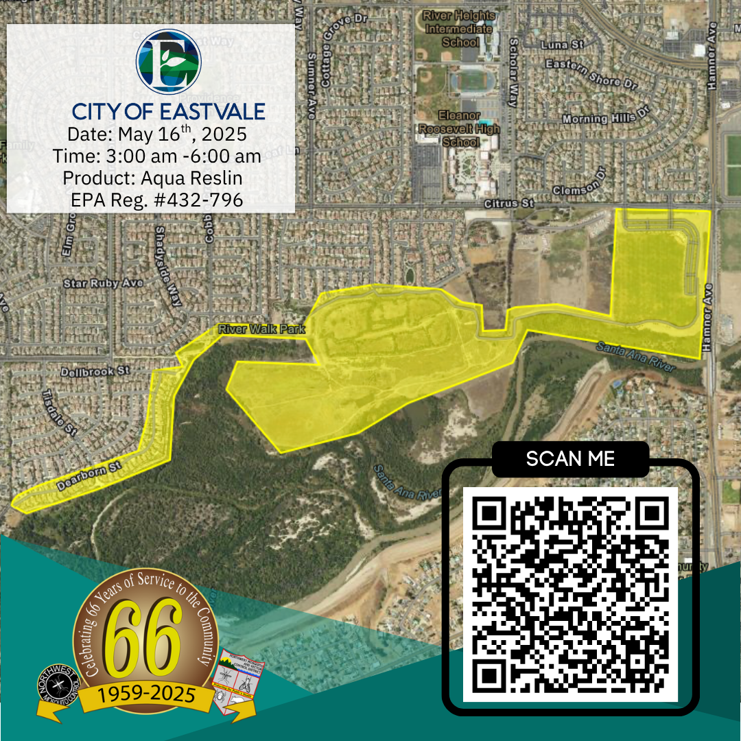 Map of Eastvale, CA, showing mosquito control spray area on May 16, 2025, from 3-6 am, using Aqua Reslin. Includes QR code.