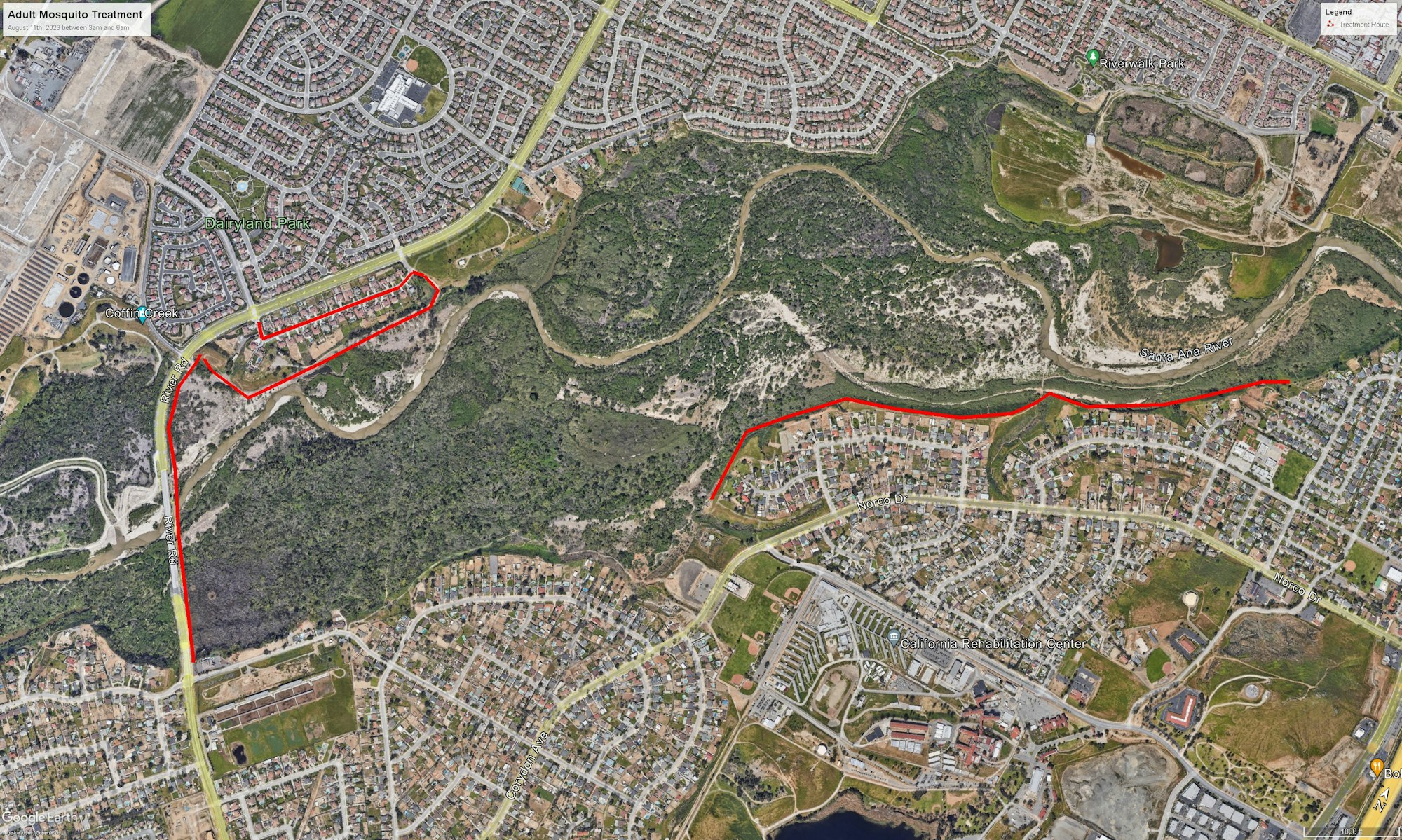 An aerial map showing a mosquito treatment route alongside the Santa Ana River near several residential areas and parks.