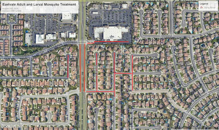 Aerial map showing a mosquito treatment spray route through residential streets.