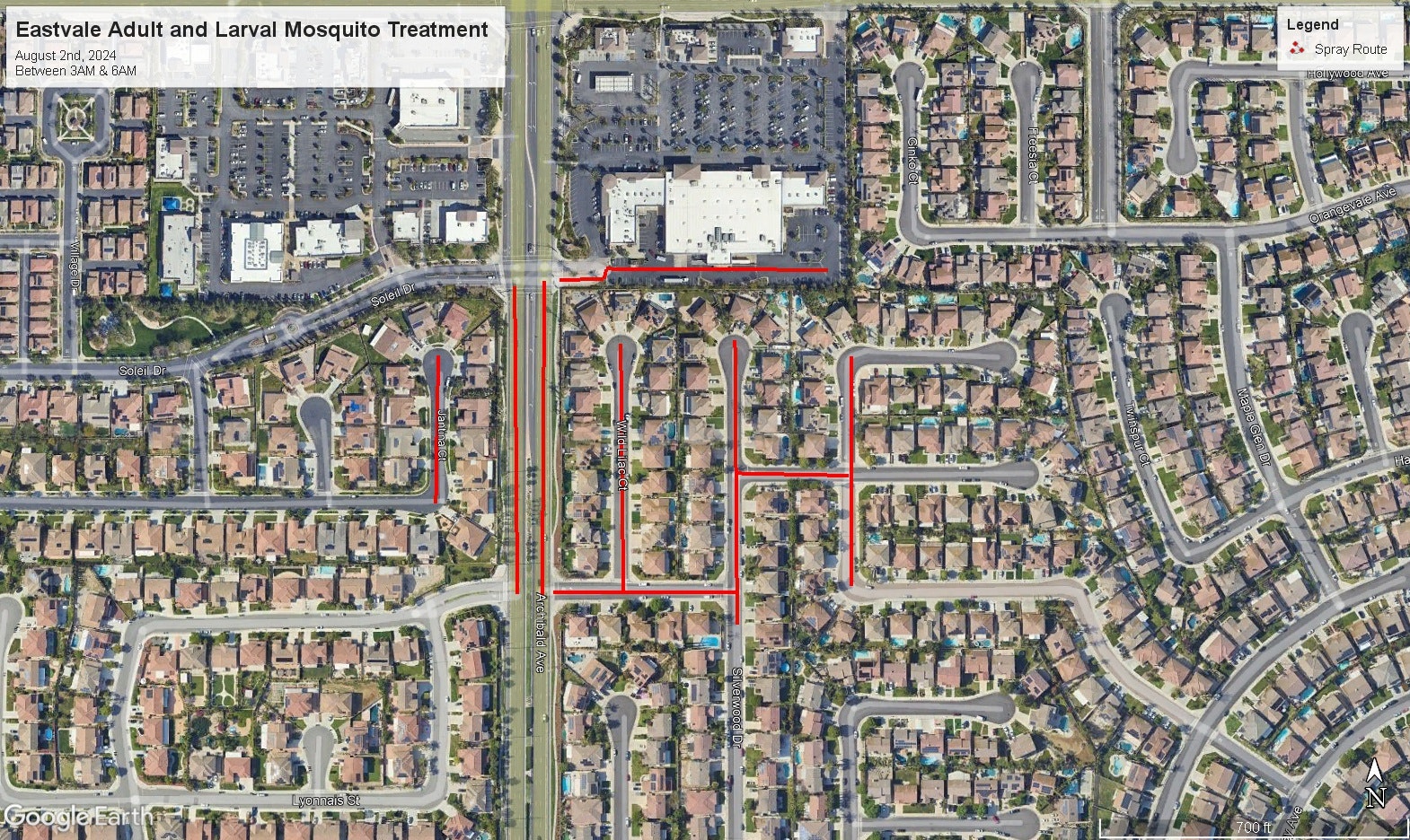 Aerial map showing a mosquito treatment spray route through residential streets.