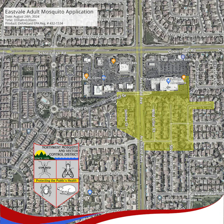 Map showing a mosquito control application scheduled area with date, time, and product used.