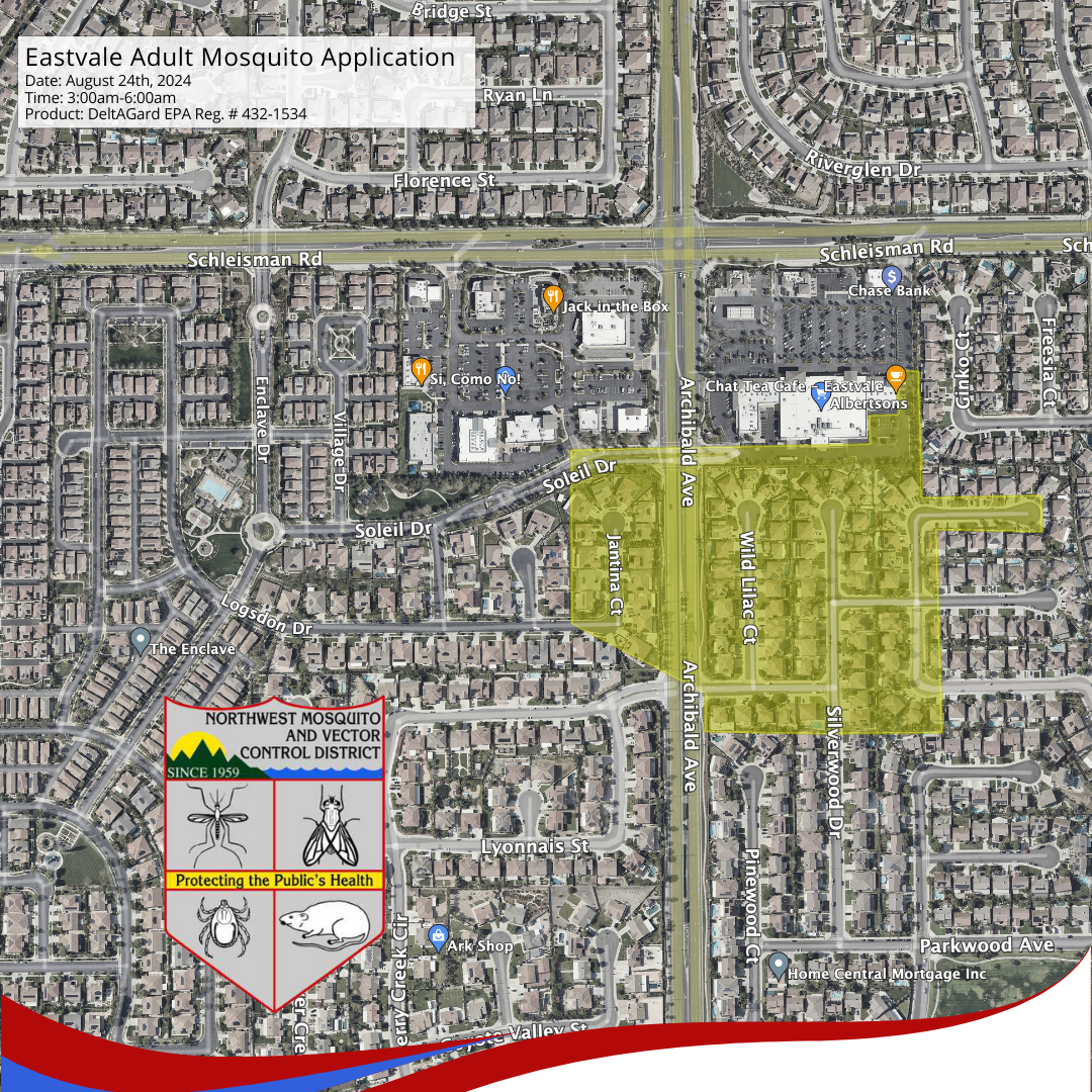 Map showing a mosquito control application scheduled area with date, time, and product used.