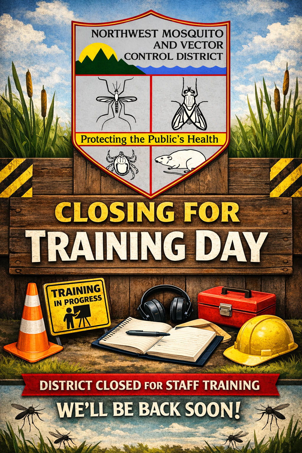 A notice from the Northwest Mosquito and Vector Control District about closing for staff training, indicating they'll return soon.