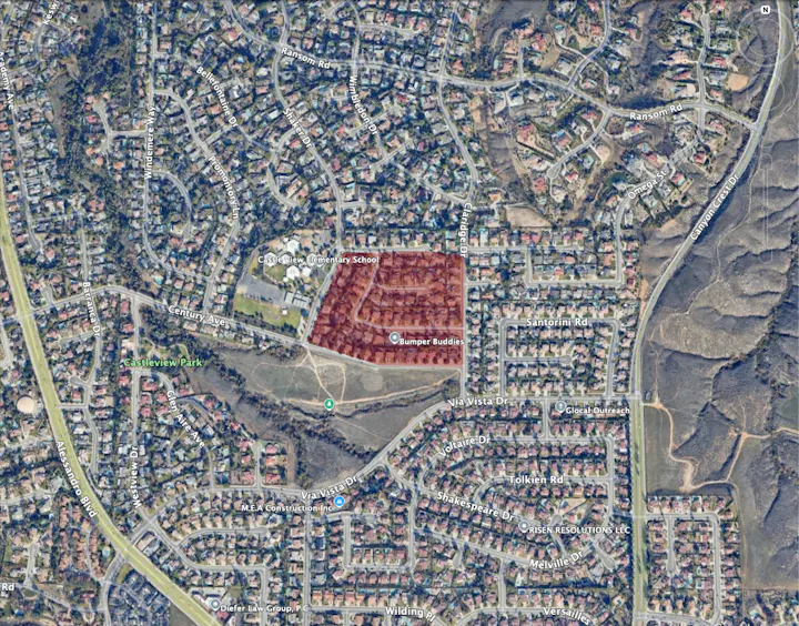 The image shows an aerial view of a neighborhood with Castle View Elementary School and nearby amenities, highlighted in red.