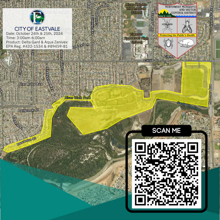 A flyer for a mosquito control event in Eastvale with a map, dates, a QR code, and insecticide information.