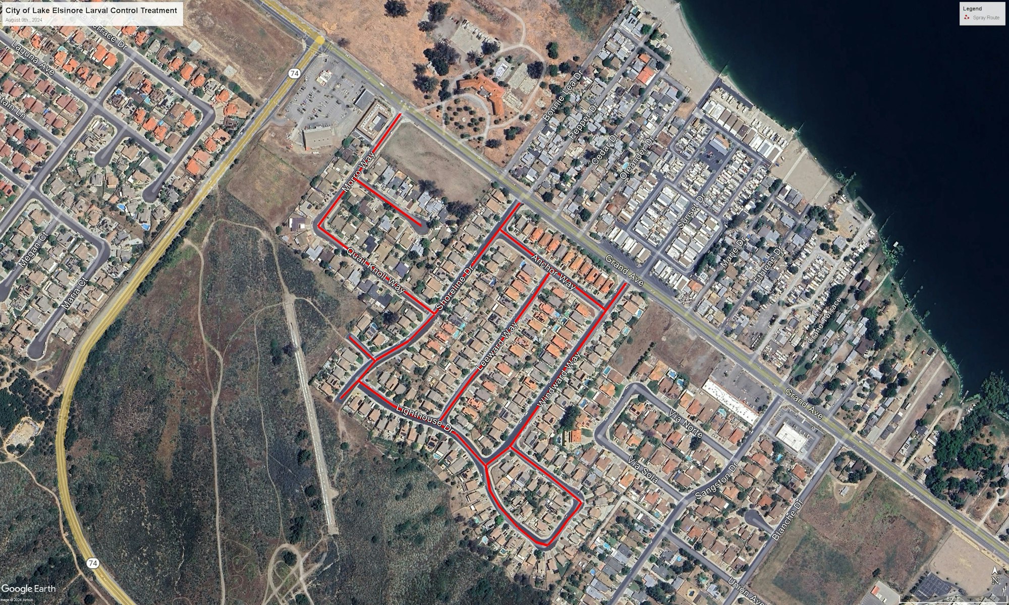 An aerial map view with marked routes for larval control treatment in a residential area near a body of water.