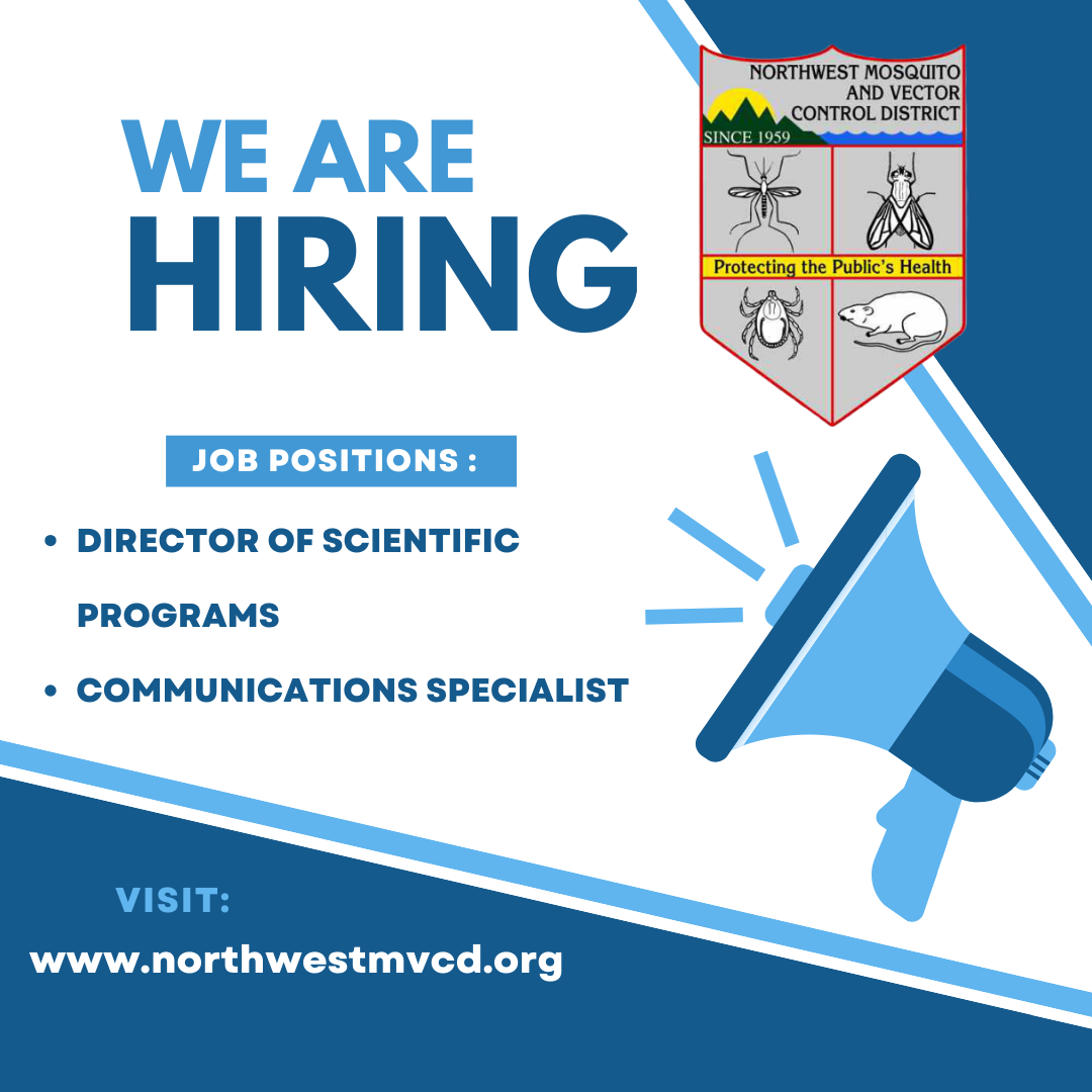 Image announces job openings for Director of Scientific Programs and Communications Specialist at Northwest Mosquito and Vector Control District.