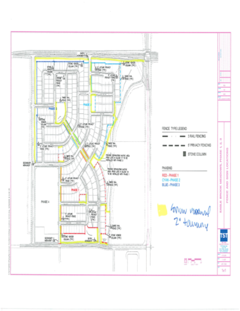 Housing development plan with outlined phases, labeled fence types, and handwritten notes.