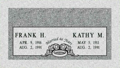 Gravestone inscription for Frank H. and Kathy M., noting their birth and death dates and 46 years of marriage.