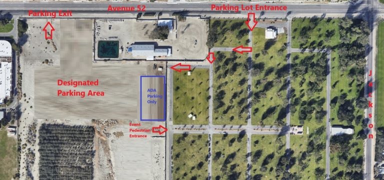 Aerial view of a parking layout with ADA area, designated parking, and marked entrances/exits on Avenue 52 and Jackson.