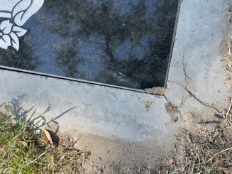 A cracked concrete surface with grass, dirt, and a decorative black stone slab with a floral pattern.