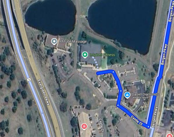 A satellite map showing Inspired Fitness, Altitude Massage, and Daniel Diamonds near Evergreen Parkway and Bergen Parkway, with nearby roads.