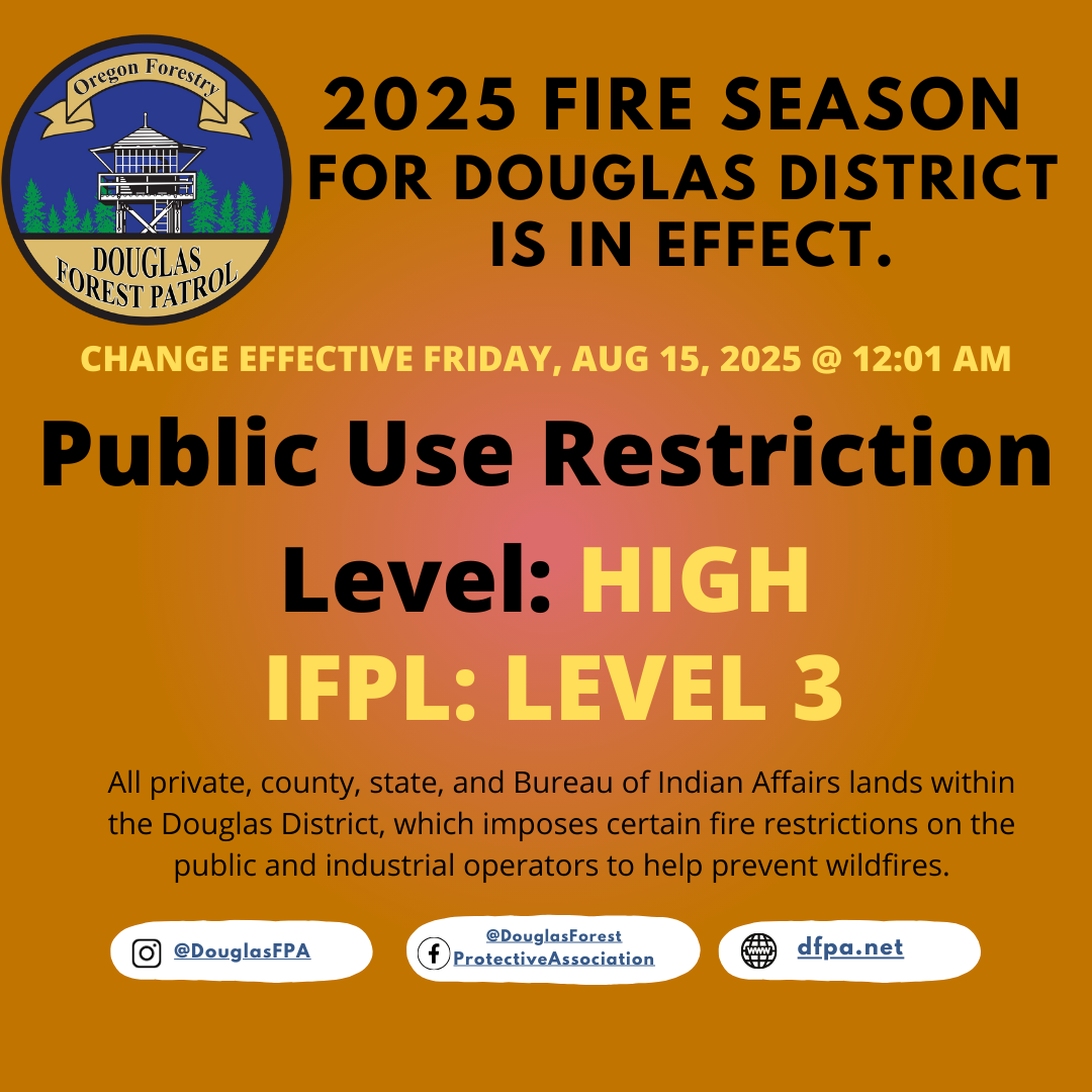 2025 Fire Season alert for Douglas District: Public Use Restriction level is HIGH, IFPL is LEVEL 3. Effective Aug 15.