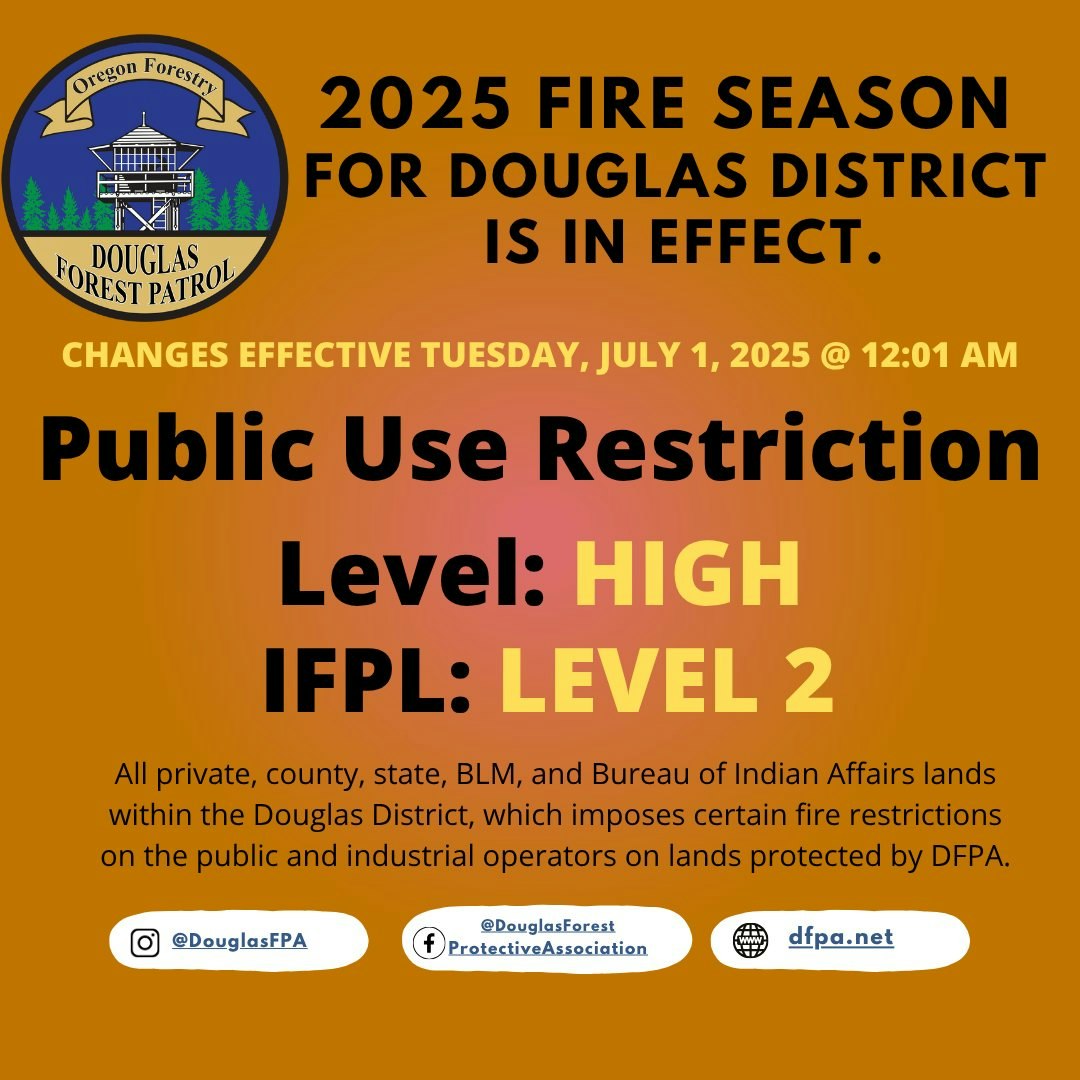 2025 fire season for Douglas District is in effect. Public use restriction level: High. IFPL: Level 2.