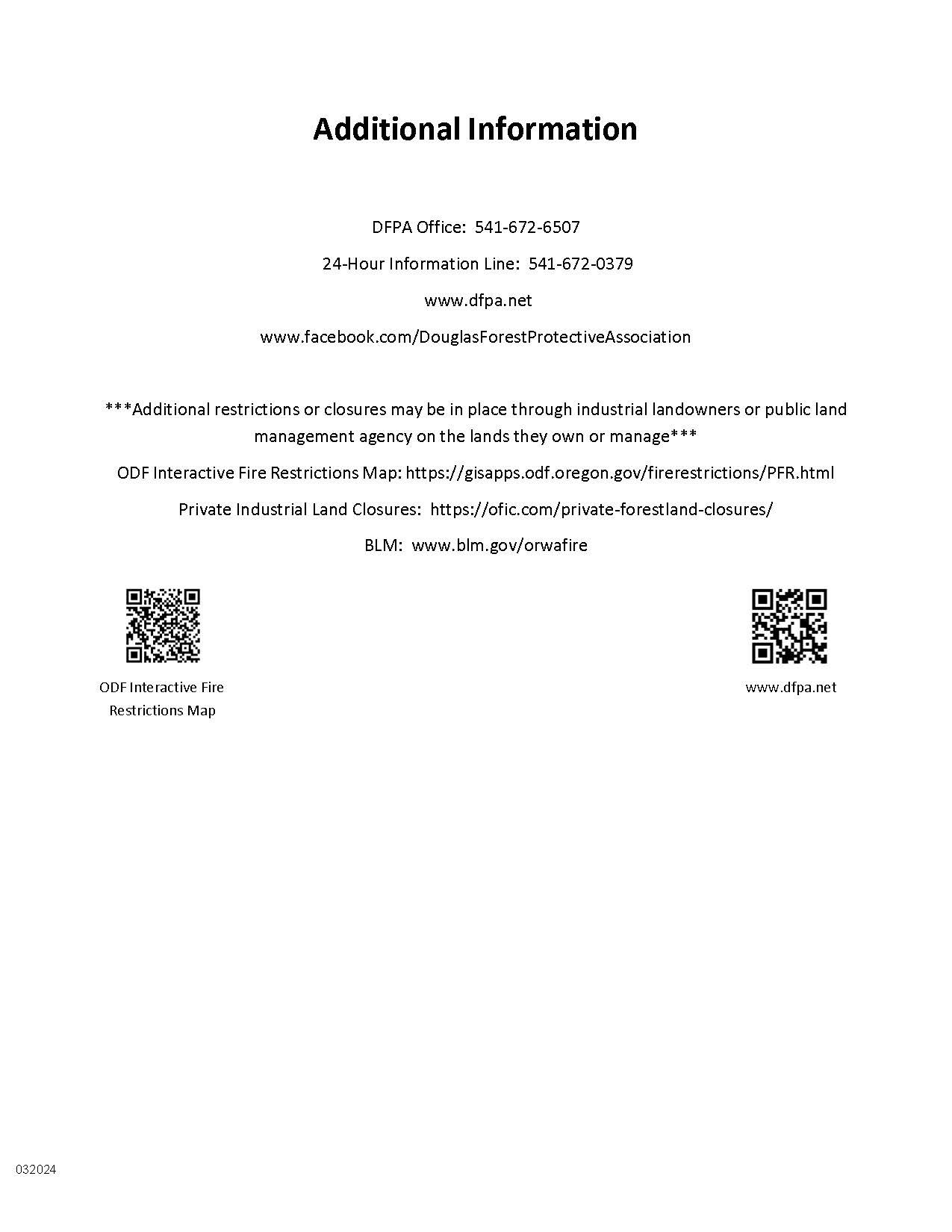 Contact details for Douglas Forest Protective Association, info on fire restrictions & closures, and QR codes for maps.