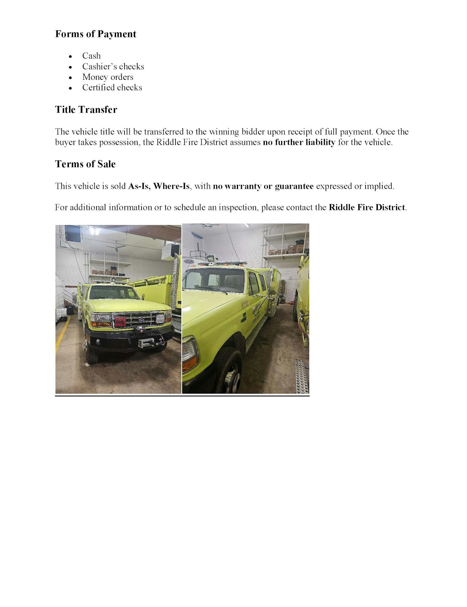 Image details vehicle sale terms from the Riddle Fire District, including payment methods and "As-Is, Where-Is" conditions.