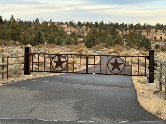Metal gate with star designs blocks a paved road, surrounded by trees and shrubs under a partly cloudy sky.