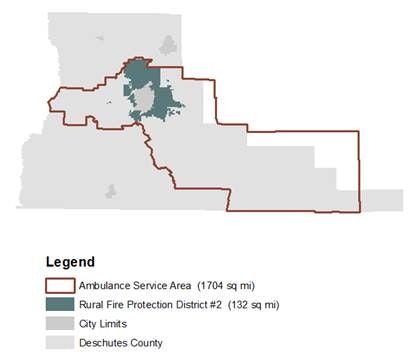 Map showing ambulance service areas and fire protection districts in Deschutes County with city limits marked.