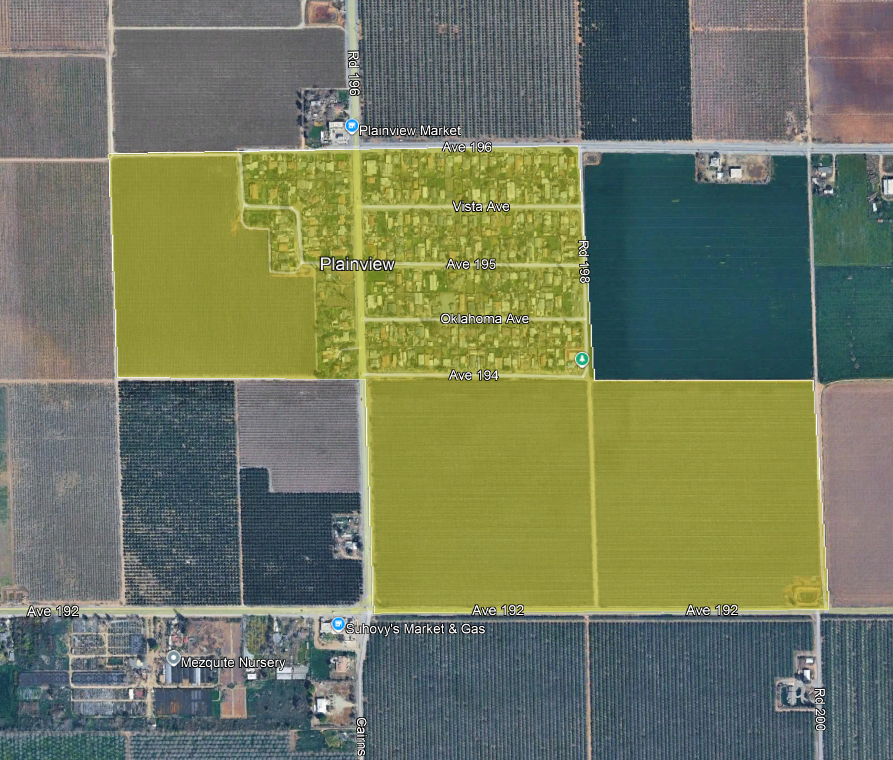 The image shows an aerial view of Plainview, featuring labeled streets and areas, likely rural farmland.
