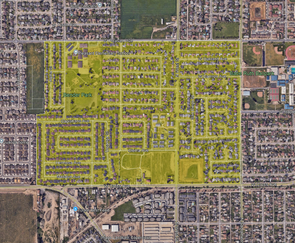 The image shows a mapped area with streets, parks, and schools highlighted, including Bender Park and Babe Ruth Ballpark.