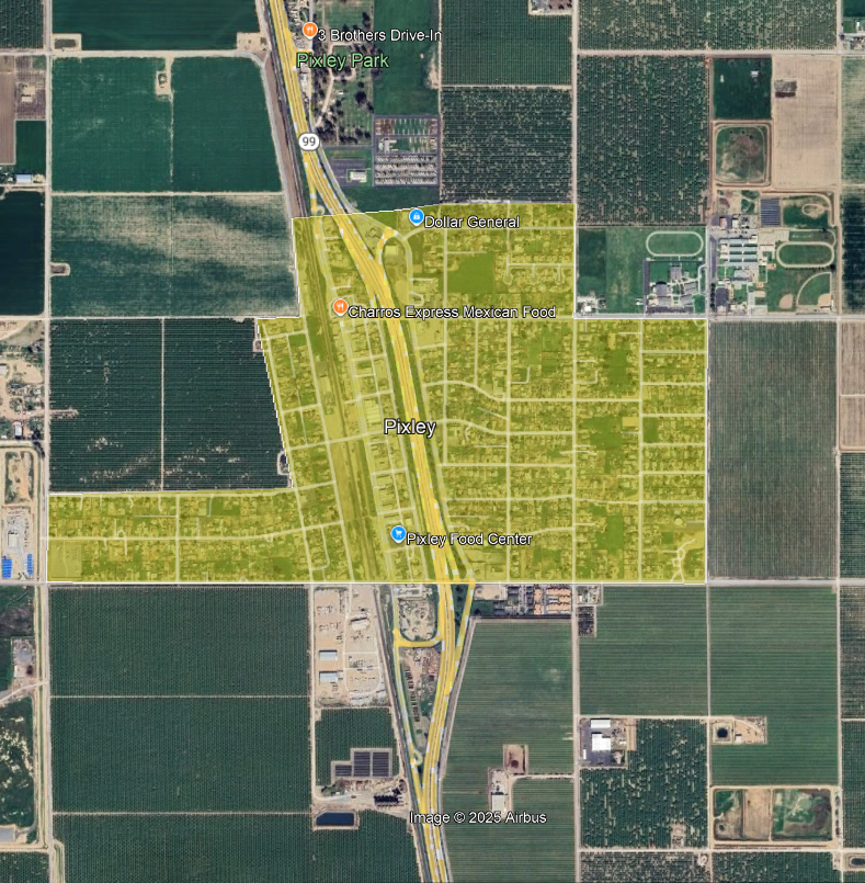 Aerial view of Pixley with highway, farmland, and labeled locations like Pixley Park, Dollar General, and Charros Express Mexican Food.