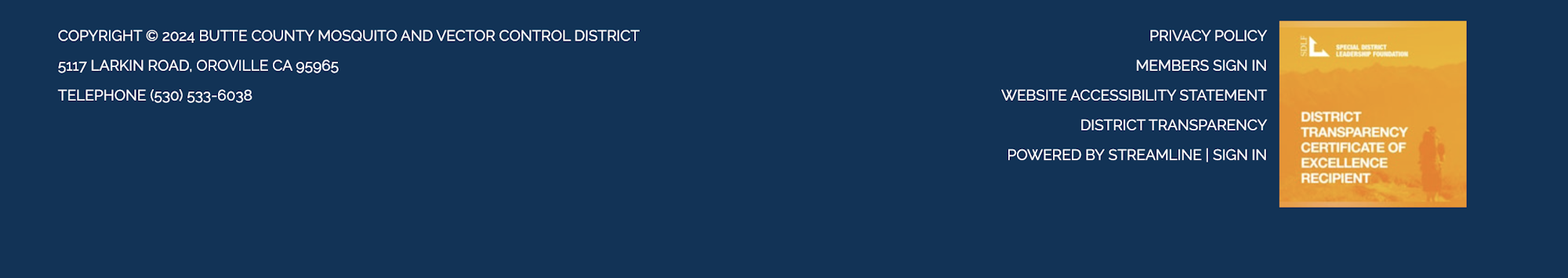 Footer section of a website with contact details, policy links, and a transparency award badge.