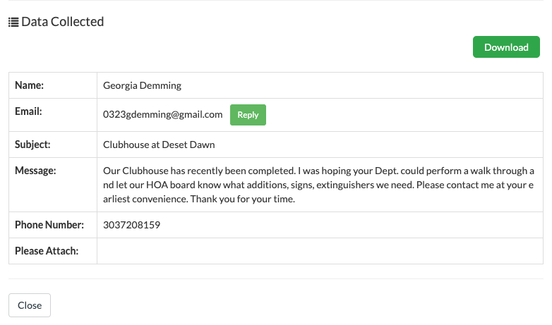 Contact form from Georgia Demming requesting a walkthrough of a newly completed clubhouse for HOA advice and safety needs.
