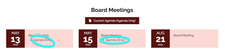Schedule for board meetings on May 13 & 15, and August 21, 2024, with highlighted ‘Agenda (Only)’ text for May meetings.