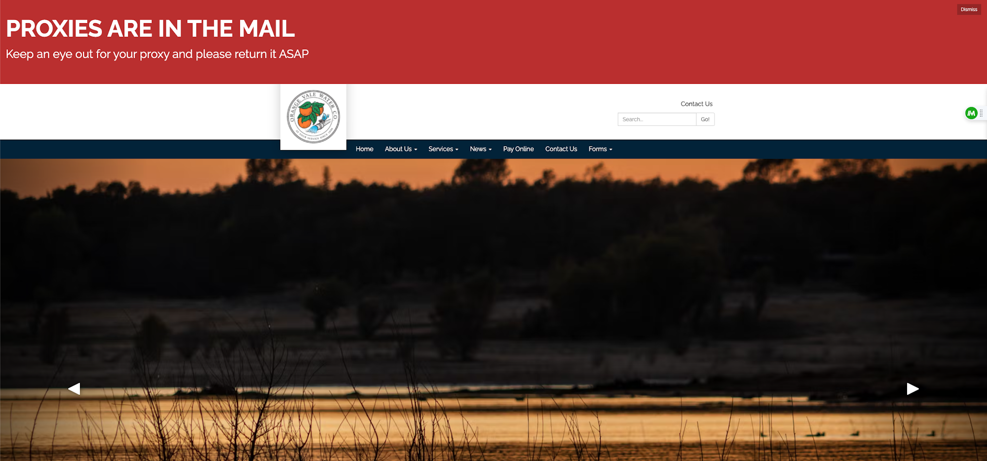 A website banner with an alert about proxies in the mail and a scenic sunset background.